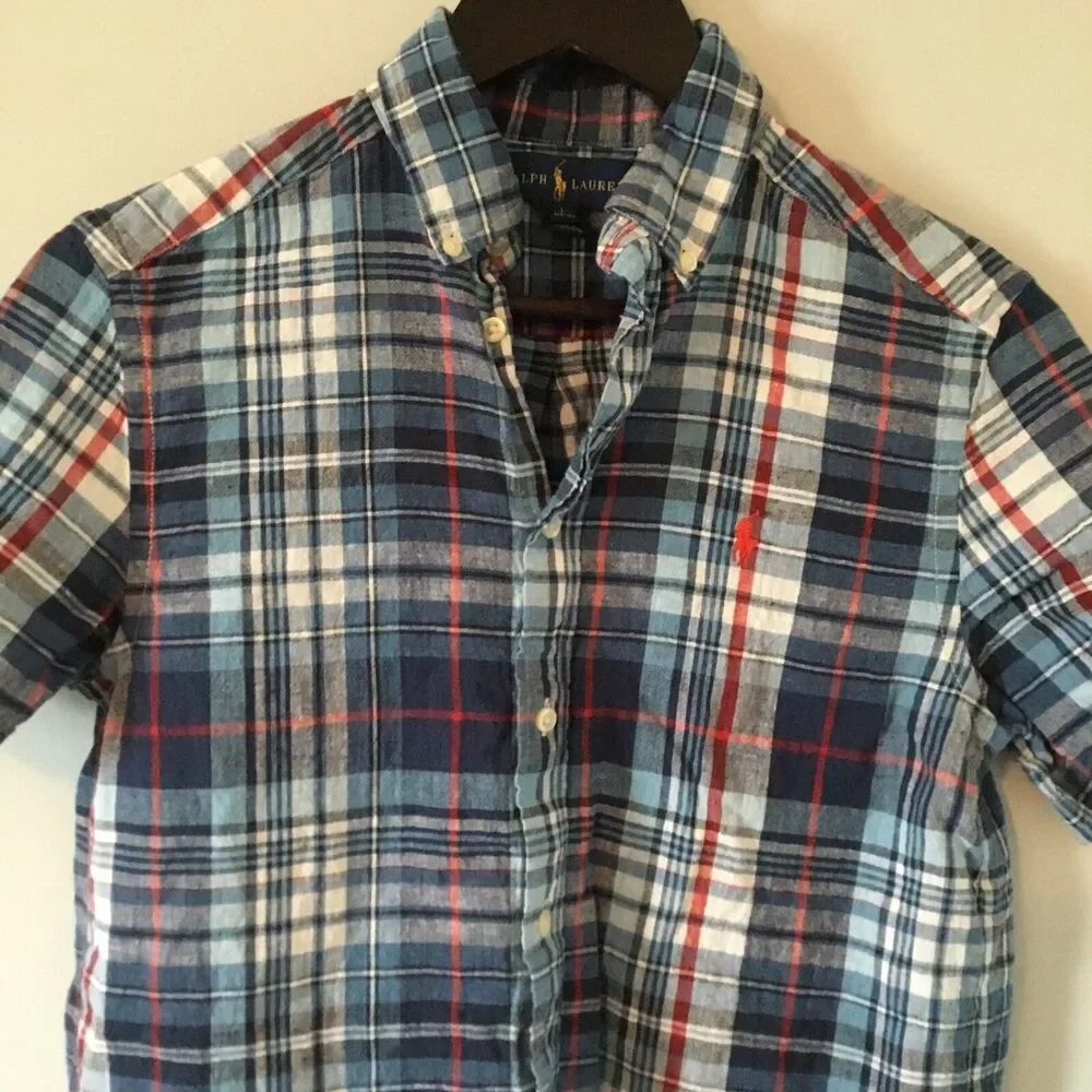 Ralph Lauren Kids Button Down Short Sleeve Blue/White/Red Plaid Shirt Size LG